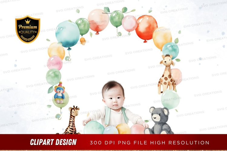 Baby celebration with balloons and animals