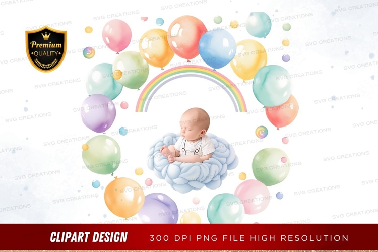 Baby in a dreamy balloon and rainbow setting