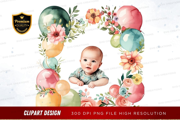 Baby surrounded by balloons and flowers