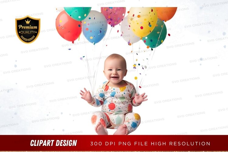 Joyful baby with colorful balloons example image 1
