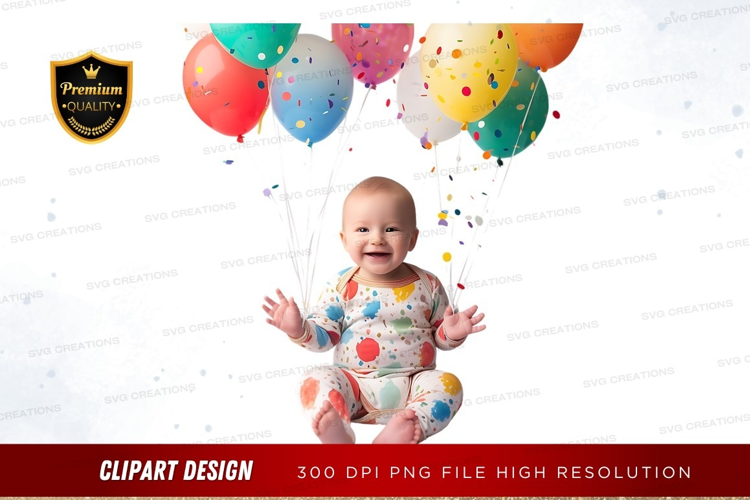 Joyful baby with colorful balloons