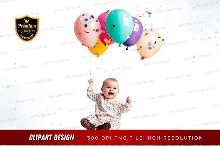 Baby with celebratory balloons