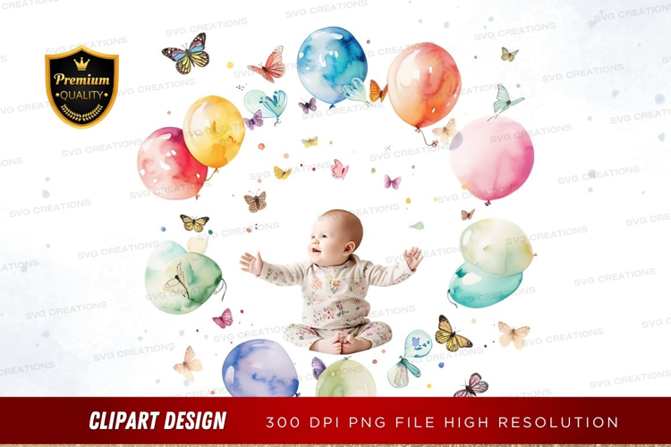 Baby with colorful balloons and butterflies