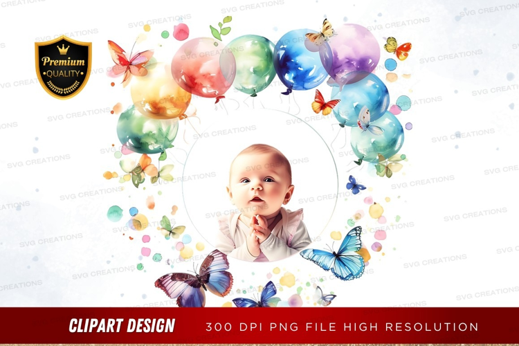 Baby surrounded by balloons and butterflies