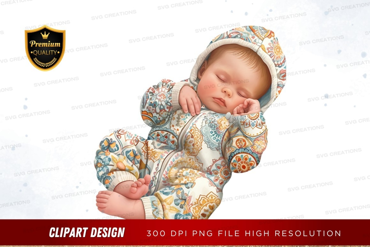 Sleeping baby in patterned onesie