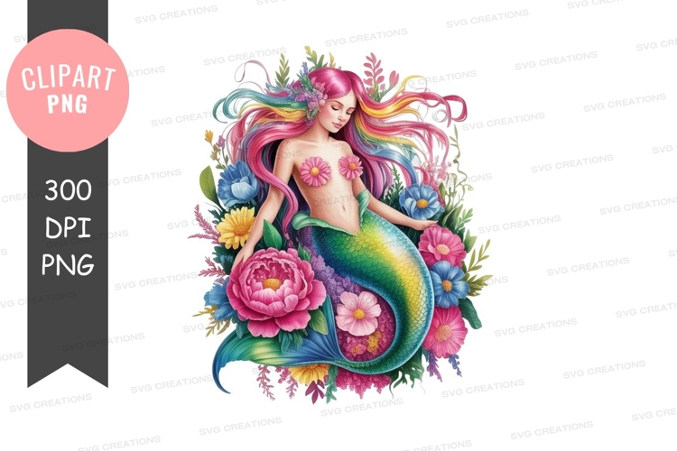 Rainbow mermaid with flowers