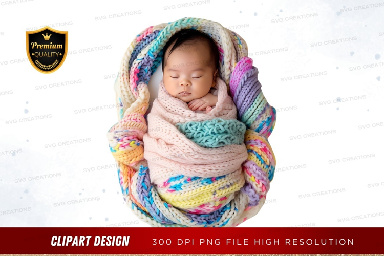 Sleeping newborn wrapped in colorful knitted blanket