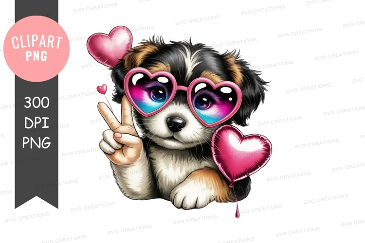 Cute puppy with heart-shaped sunglasses and hearts