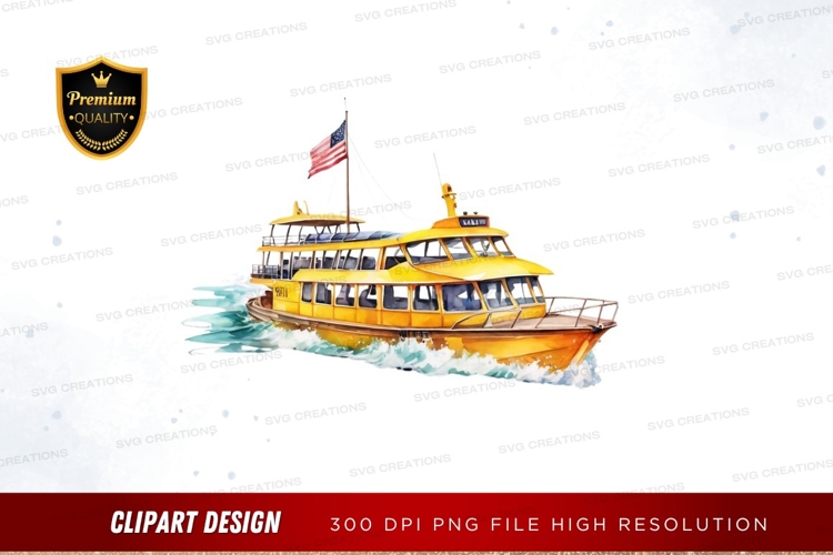 Yellow ferry boat with american flag