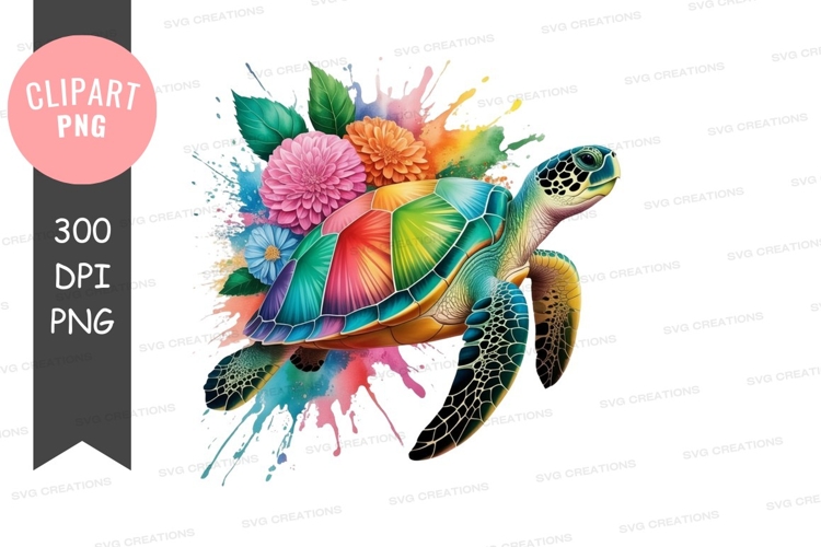 Colorful turtle with flowers clipart png