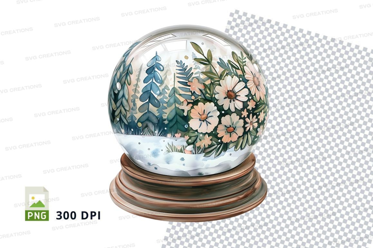 Snow globe with winter forest and flowers