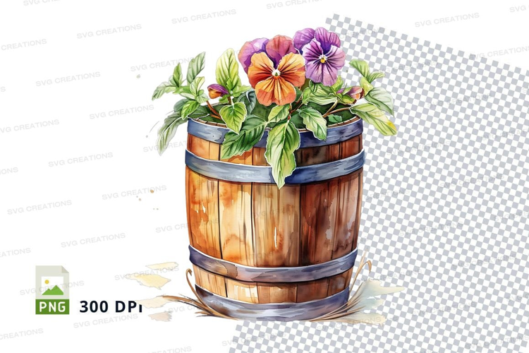 Vibrant flowers in a rustic barrel
