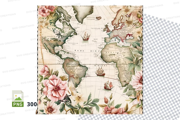 Antique world map with floral elements