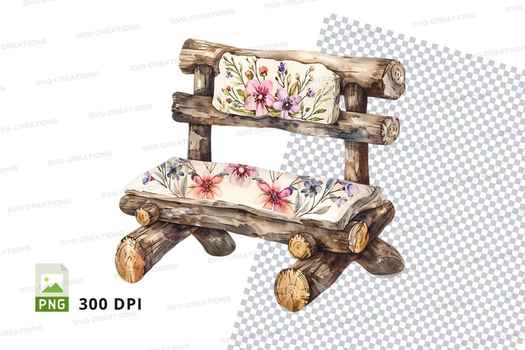 Rustic wooden bench with floral cushion