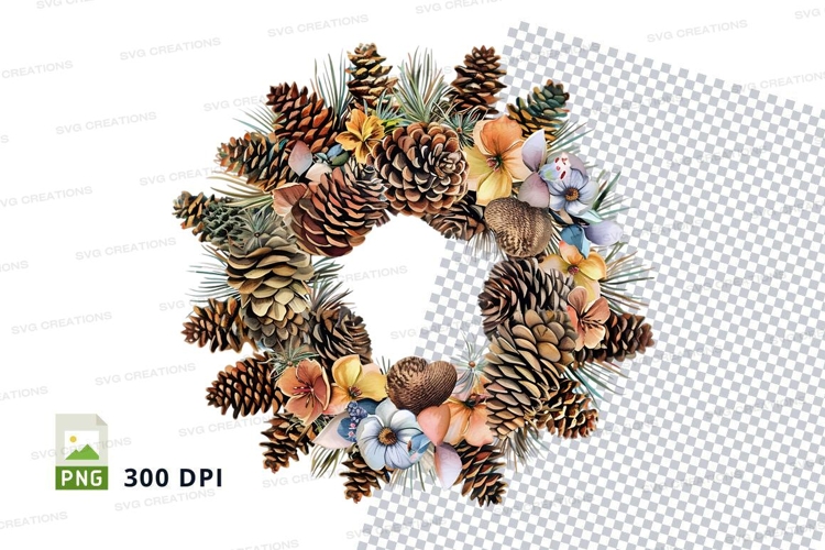 Autumn pinecone and flower wreath