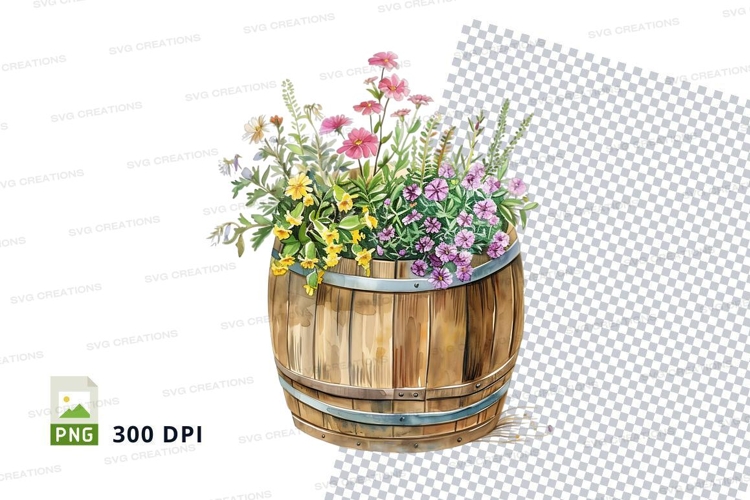 Flower bouquet in a wooden barrel