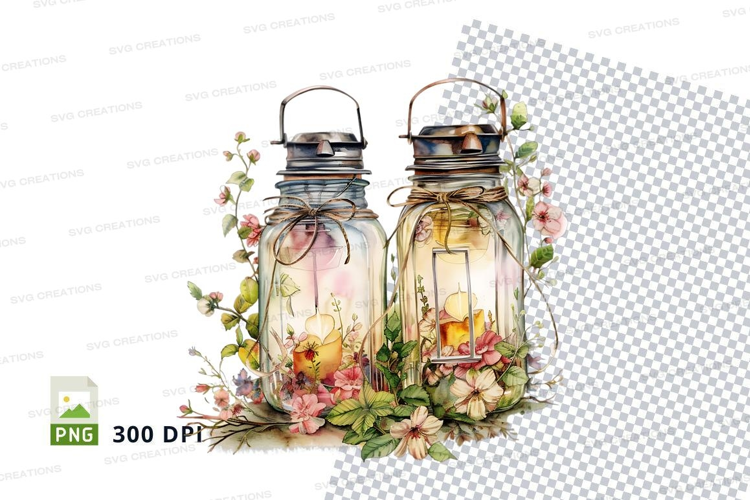 Vintage mason jar lanterns with flowers