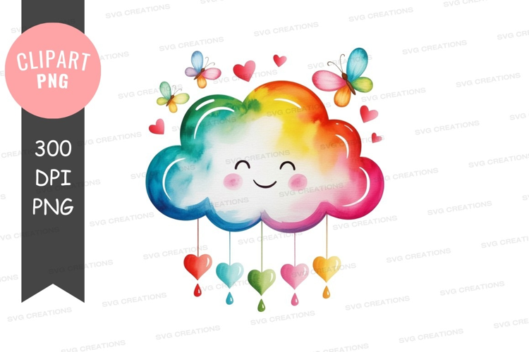Happy rainbow cloud with hearts and butterflies
