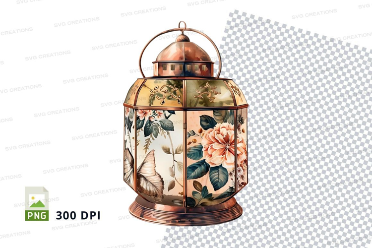 Floral and butterfly decorated copper lantern