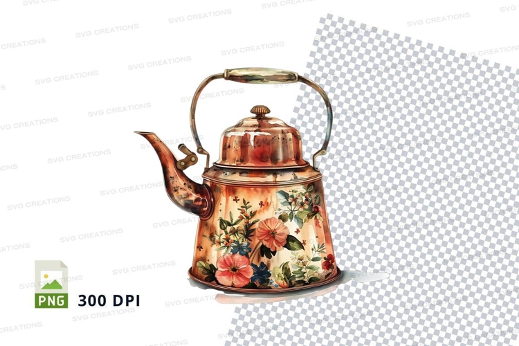 Antique copper teakettle with floral design