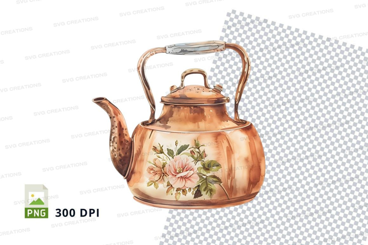 Antique copper tea kettle with floral design