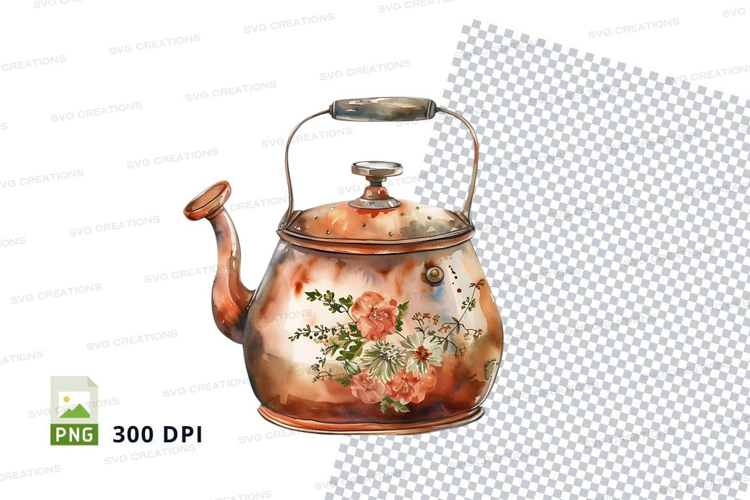 Vintage copper tea kettle with floral design