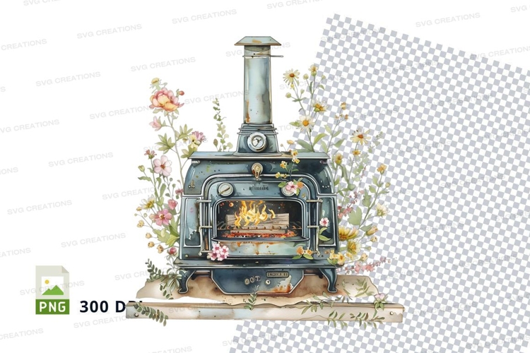Cozy wood-burning stove with floral decorations