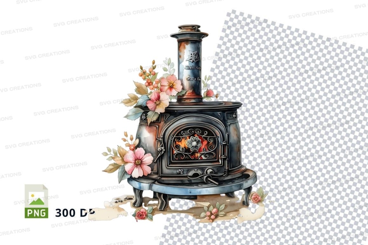 Vintage wood stove with floral decorations