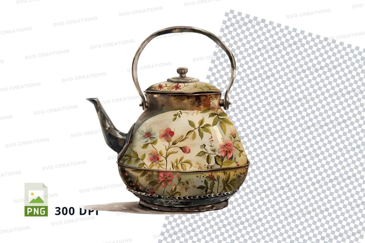 Antique floral teapot clipart png