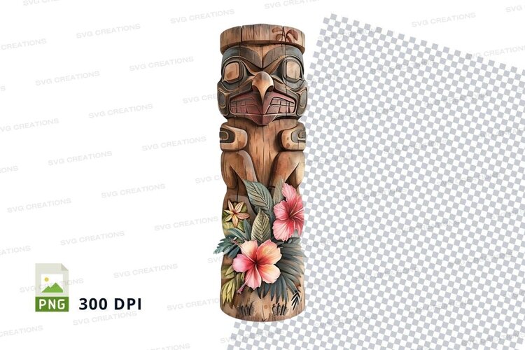 Wooden tiki totem with tropical flowers example image 1