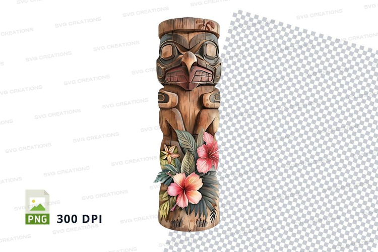 Wooden tiki totem with tropical flowers