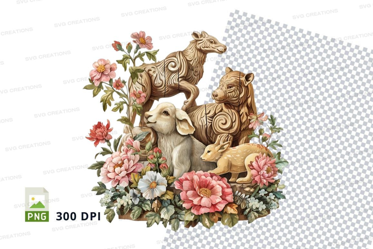 Idyllic farm animals in a floral setting