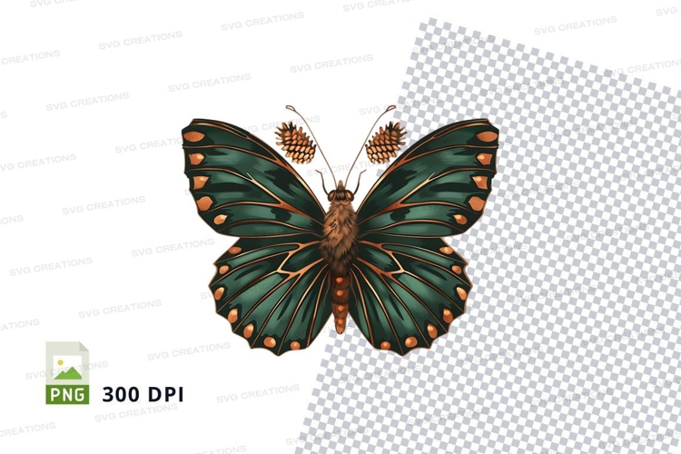 Green butterfly with pinecones