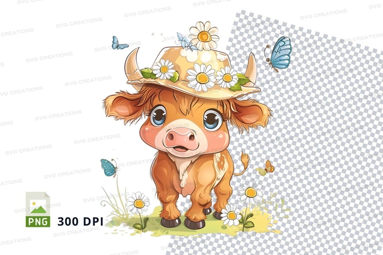 Playful calf in a daisy hat