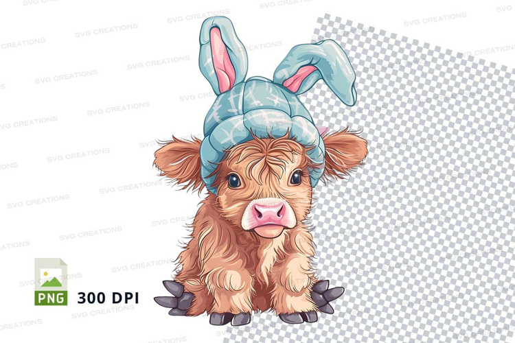 Cute highland cow calf in bunny hat