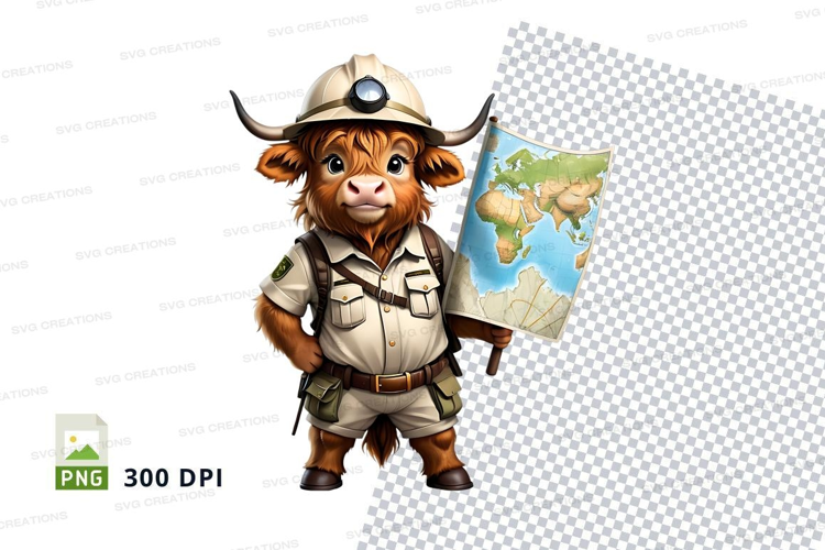 Adventurous highland cow explorer