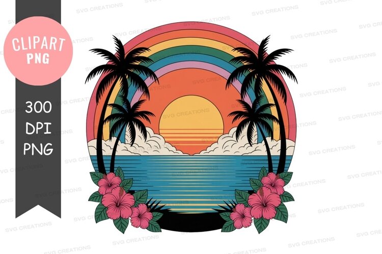 Tropical sunset with palm trees and hibiscus flowers example image 1