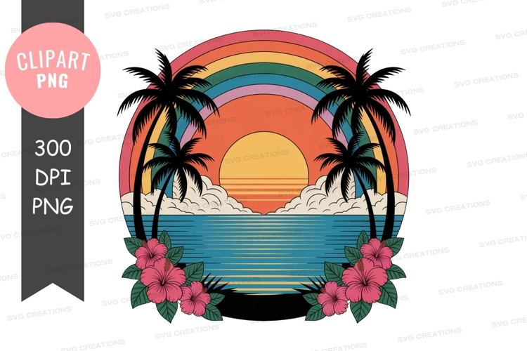 Tropical sunset with palm trees and hibiscus flowers