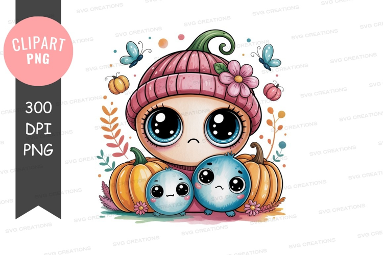 Autumn chibi character with pumpkins