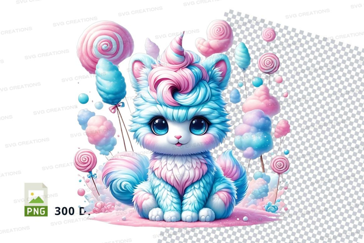 Whimsical unicorn kitten in candy land