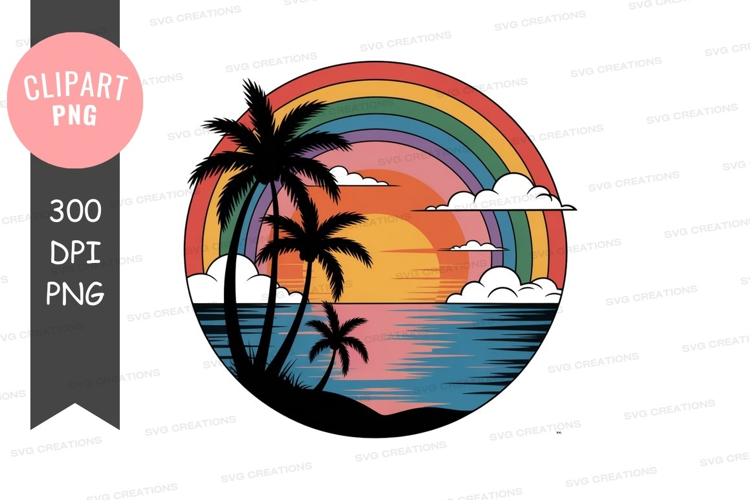 Tropical sunset with rainbow