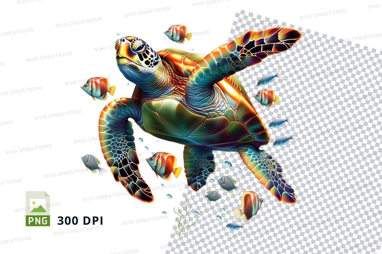 Colorful sea turtle with fish