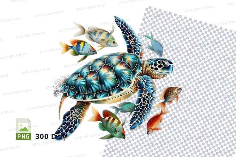 Sea turtle with tropical fish