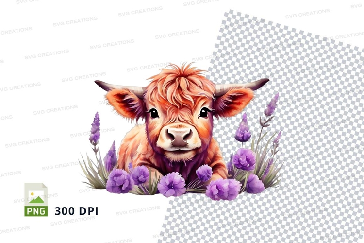 Cute highland cow in flowers