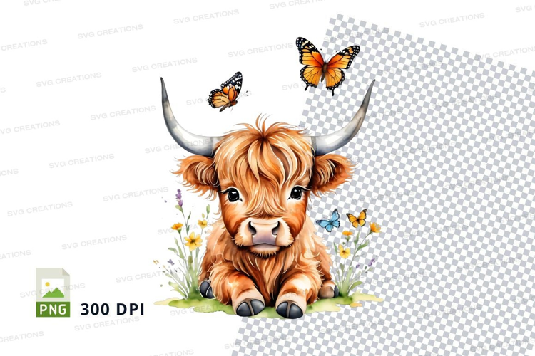 Serene highland cow with butterflies