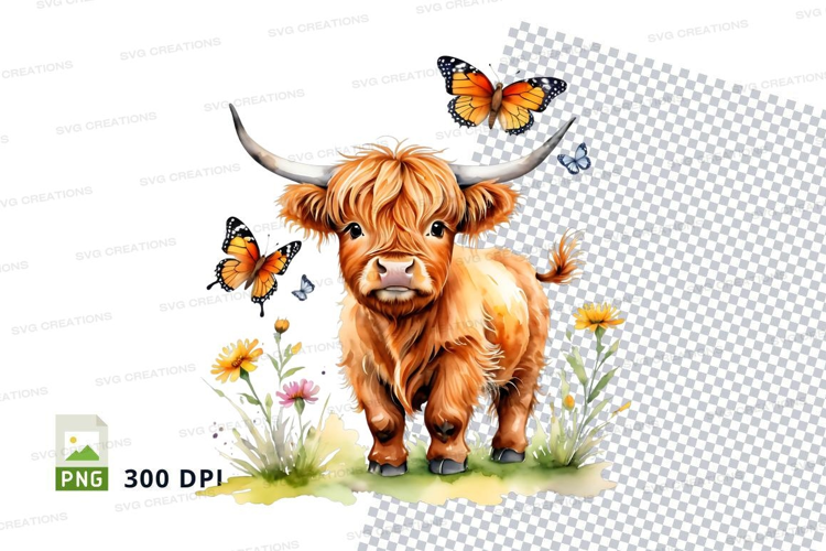 Highland cow with butterflies