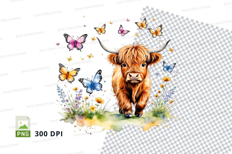 Whimsical highland cow with butterflies