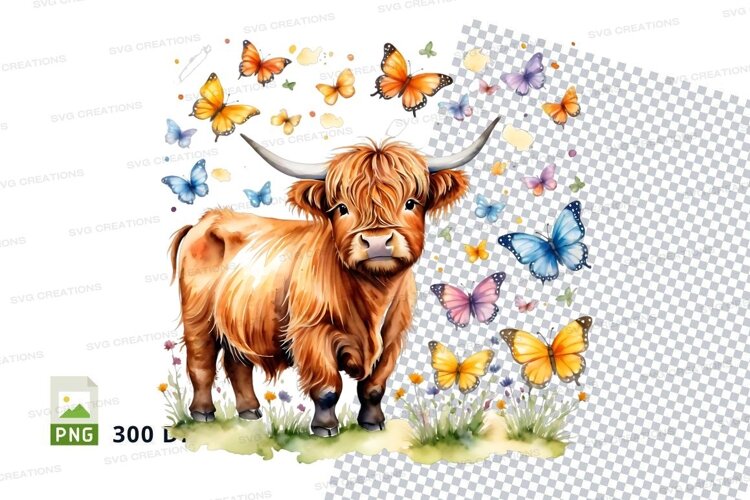 Highland cow with butterflies example image 1