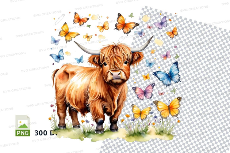 Highland cow with butterflies