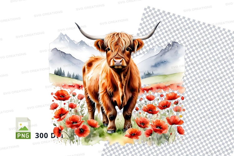 Highland cow in poppy field